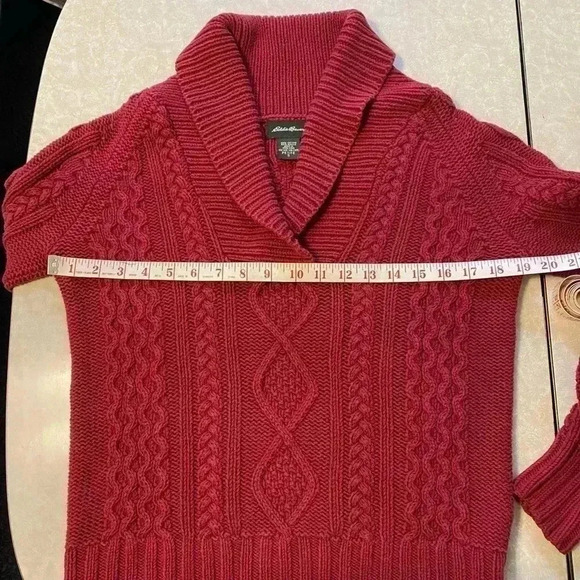Vintage Eddie Bauer Womens Sweater Cable Knit‎ Red Fisherman Cowl V Neck Sz PS - Picture 9 of 11